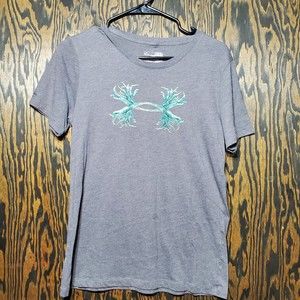 UNDER ARMOUR Heat Gear Grey Green Antler Logo T-Shirt Size M